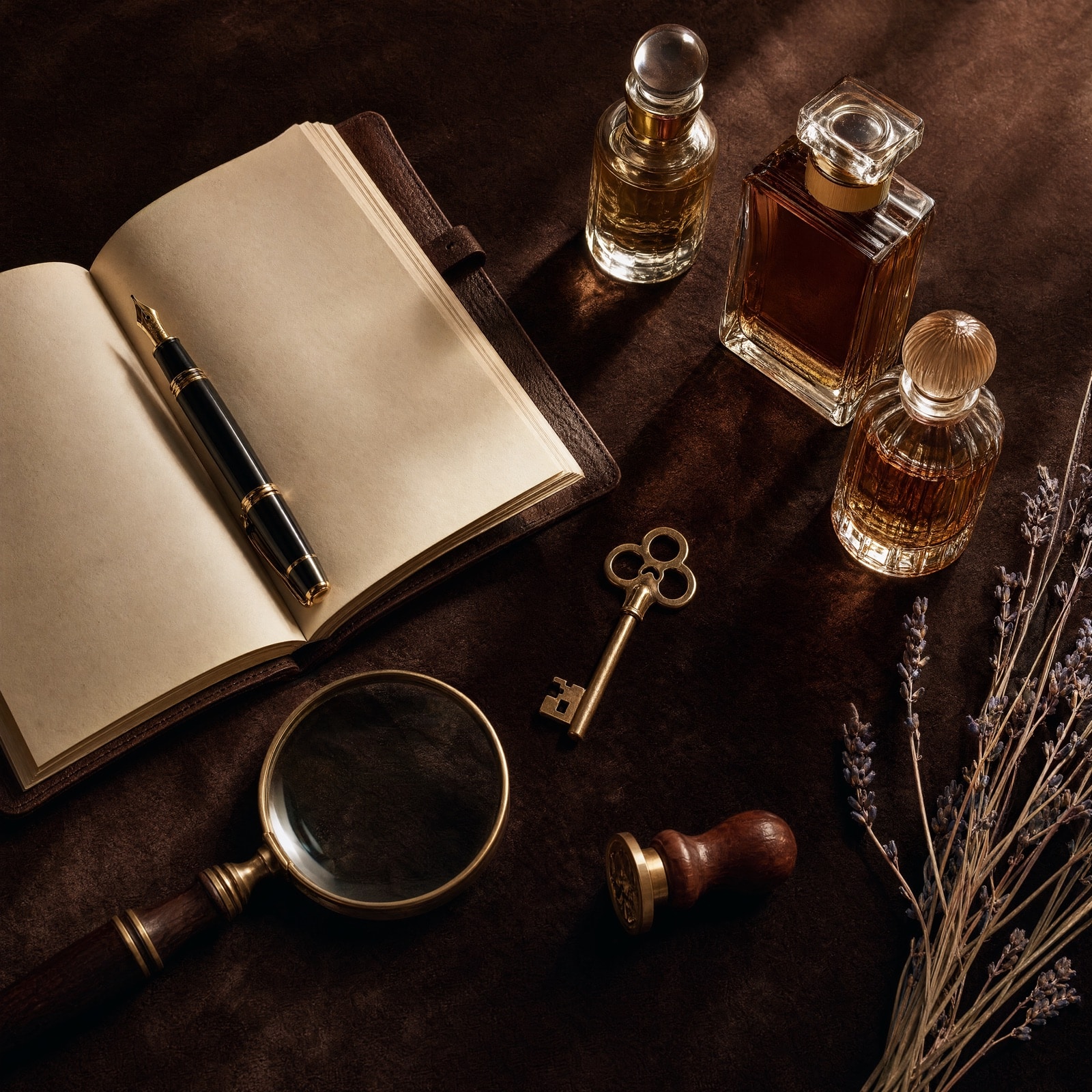 Flatlay del atelier Hesloy — fragancias y accesorios